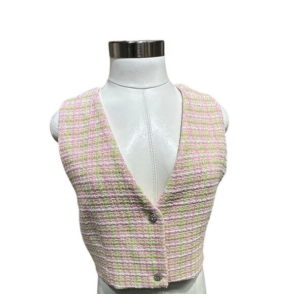 ZARA Pink & Green Tweed Cropped Vest - Vintage-Inspired Button Front Top - Picture 5 of 9